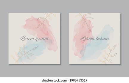 Vector square card template with watercolour background and golden branch design