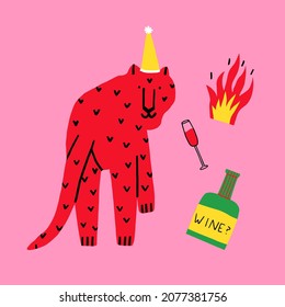 vector square card with tiger for christmas 2022.Hand drawn vibrant funny funky and groovy style. lettering Happy Xmas.animal tiger cub celebrates the holiday in a cap and with wine