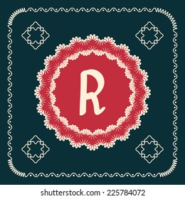 Vector square cards with letters of the alphabet R, and a background in retro style. For use in web, logo, greeting cards and more