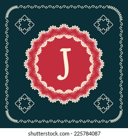 Vector square cards with letters of the alphabet J, and a background in retro style. For use in web, logo, greeting cards and more