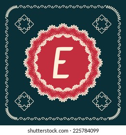 Vector square cards with letters of the alphabet E, and a background in retro style. For use in web, logo, greeting cards and more