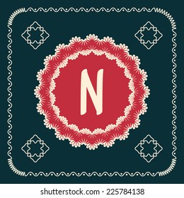 Vector square cards with letters of the alphabet N, and a background in retro style. For use in web, logo, greeting cards and more