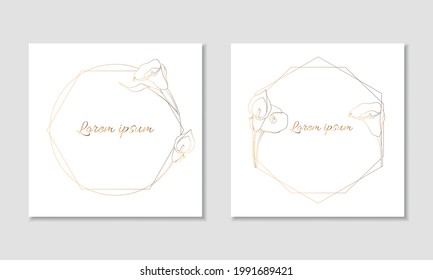 Vector square cards template with geometric frame and gold calla lilies