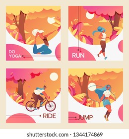 Vector square cards with young girls riding bycicle, doing youga, jumping with skipping rope and jogging. Vivid colors drawn with gradients and vivid greenery. Sport healthy lifestyle collection