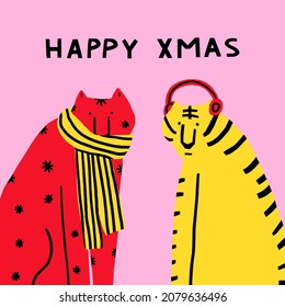 Vector Square Christmas Card Two Flat Tigers 'happy Xmas'. Funny Vibrant Quirky Animals. Psychedelic 80s Hippie Style