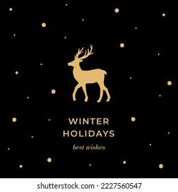 Vector square Christmas and New Year greeting card with deer in gold and black colors