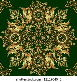 Vector square composition with golden vintage ornament. Seamless pattern with golden grid on a green background.