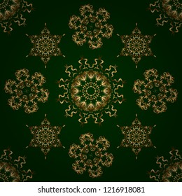 Vector square composition with golden vintage ornament. Seamless pattern with golden grid on a green background.