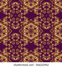Vector square composition with golden vintage ornament. Seamless pattern with golden grid on a purple background.