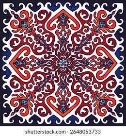 Vector square composition with intricate symmetrical design in red, blue and white, perfect for scarves or pillows