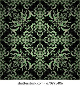 Vector square composition of vintage ornament. Seamless pattern with green and beige grid on a black background.