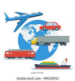 Vector square concept of logistics transportation and delivery service. Aircraft, truck, car, cargo ship, railway transport on globe planet map in flat style