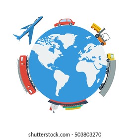 Vector square concept of logistics transportation and delivery service. Aircraft, truck, car, cargo ship, railway transport located around the globe in flat style