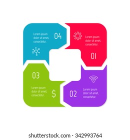 Vector square connected infographic diagram. Circular chart with 4 options. Paper progress steps for tutorial with four parts. Business concept sequence banner. EPS10 work flow layout.