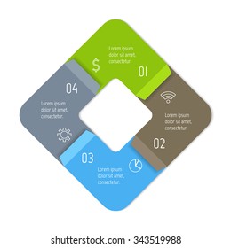Vector square connected infographic diagram. Circular chart with 4 options. Paper progress steps for tutorial with four parts. Business concept sequence banner. EPS10 workflow layout.