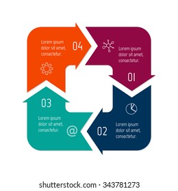 Vector square connected infographic diagram. Circular chart with 4 options. Paper progress steps for tutorial with four parts. Business concept sequence banner. EPS10 workflow layout.