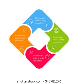 Vector square connected infographic diagram. Circular chart with 4 options. Paper progress steps for tutorial with four parts. Business concept sequence banner. EPS10 workflow layout.