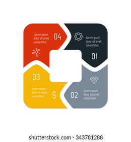 Vector square connected infographic diagram. Circular chart with 4 options. Paper progress steps for tutorial with four parts. Business concept sequence banner. EPS10 workflow layout.