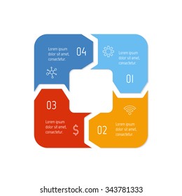 Vector square connected infographic diagram. Circular chart with 4 options. Paper progress steps for tutorial with four parts. Business concept sequence banner. EPS10 workflow layout.