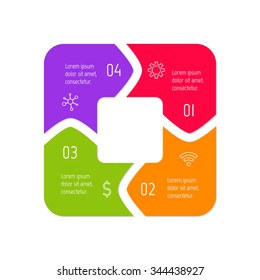 Vector square connected infographic diagram. Circular chart with 4 options. Paper progress steps for tutorial with four parts. Business concept sequence banner. EPS10 workflow layout.