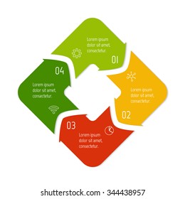 Vector square connected infographic diagram. Circular chart with 4 options. Paper progress steps for tutorial with four parts. Business concept sequence banner. EPS10 workflow layout.