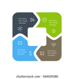 Vector square connected infographic diagram. Circular chart with 4 options. Paper progress steps for tutorial with four parts. Business concept sequence banner. EPS10 workflow layout.