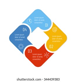 Vector square connected infographic diagram. Circular chart with 4 options. Paper progress steps for tutorial with four parts. Business concept sequence banner. EPS10 workflow layout.