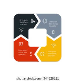 Vector square connected infographic diagram. Circular chart with 4 options. Paper progress steps for tutorial with four parts. Business concept sequence banner. EPS10 workflow layout.