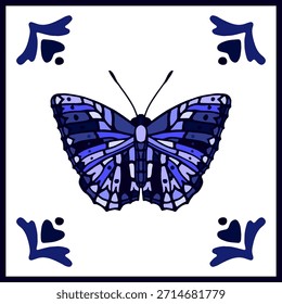 Decoração quadrada vetorial com borboleta no estilo de azulejo Delft