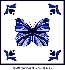Decoração quadrada vetorial com borboleta no estilo de azulejo Delft