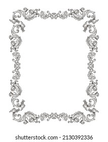Vector square decorative frame in Baroque Victorian vintage retro style, empty engraved label scroll monogram frame with flowers and swirls