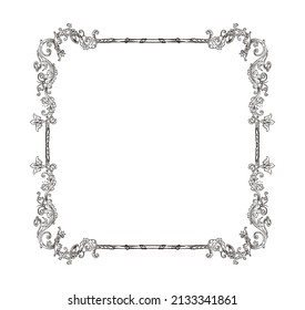 Vector square decorative frame in Baroque Victorian vintage retro style, empty engraved label scroll monogram frame with flowers and swirls