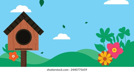 vector square design bird house with beautiful blooming flowers. hello spring art background