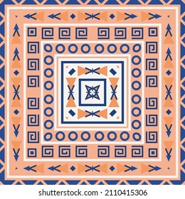 Vector square design with ethnic geometric patterns. Print for silk scarf, hijab, pareo, shawl and other textiles. 