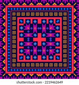 Vector square design with ethnic geometric patterns. Print for silk scarf, hijab, pareo, shawl and other textiles. 