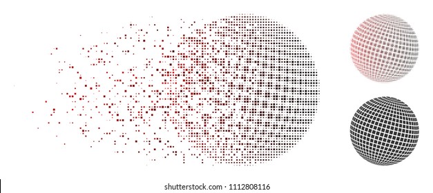 Vector square dotted abstract sphere icon in fractured, pixelated halftone and undamaged entire variants. Disintegration effect uses square particles and horizontal gradient from red to black.