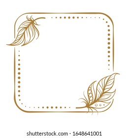 Vector square dotted frame frame with boho style feathers decoration