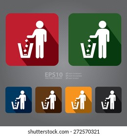 Vector : Square Dustbin, Litter Bin or Trash Can Long Shadow Style Icon, Label, Sticker, Sign or Banner 