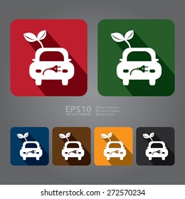 Vector : Square Eco Car Long Shadow Style Icon, Label, Sticker, Sign or Banner Isolated on White Background