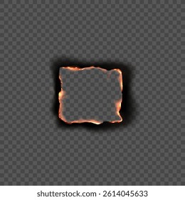 Vector square empty burnt paper frame with realistic flames and charred edges. Burning frame with shadow. For design, effects or texture overlays. Isolated transparent background.
