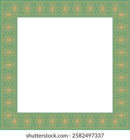 Vector square European gold with green ornament. Rectangular pattern, circle, ring of the Middle Ages. Revival border. Decorations of palaces and churches.
