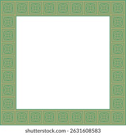 Vector square European gold with green ornament. Rectangular pattern, circle, ring of the Middle Ages. Revival border. Decorations of palaces and churches.
