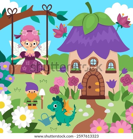 Vector square fairyland background with flower fairy, garden, tulip house, dragon. Magic land landscape. Woodland scenery with princess. Fantasy forest scene illustration. Fairytale picture
