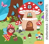 Vector square fairyland background with mushroom fairy, toad stool house, bird. Magic land landscape. Woodland scenery with cute princess. Fantasy forest scene illustration. Fairytale picture
