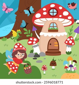 Vector square fairyland background with mushroom fairy, toad stool house, bird. Magic land landscape. Woodland scenery with cute princess. Fantasy forest scene illustration. Fairytale picture
