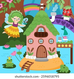 Vector square fairyland background with swamp fairy, mermaid house, reeds. Magic land landscape. Woodland scenery with cute princess. Fantasy forest scene illustration. Fairytale picture
