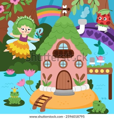 Vector square fairyland background with swamp fairy, mermaid house, reeds. Magic land landscape. Woodland scenery with cute princess. Fantasy forest scene illustration. Fairytale picture

