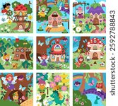 Vector square fairyland backgrounds set. Cute fairy land landscape collection. Woodland scenery with magic princess, trees, treehouse, animals. Fantasy forest scene illustration. Fairytale picture
