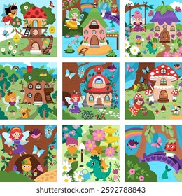 Vector square fairyland backgrounds set. Cute fairy land landscape collection. Woodland scenery with magic princess, trees, treehouse, animals. Fantasy forest scene illustration. Fairytale picture
