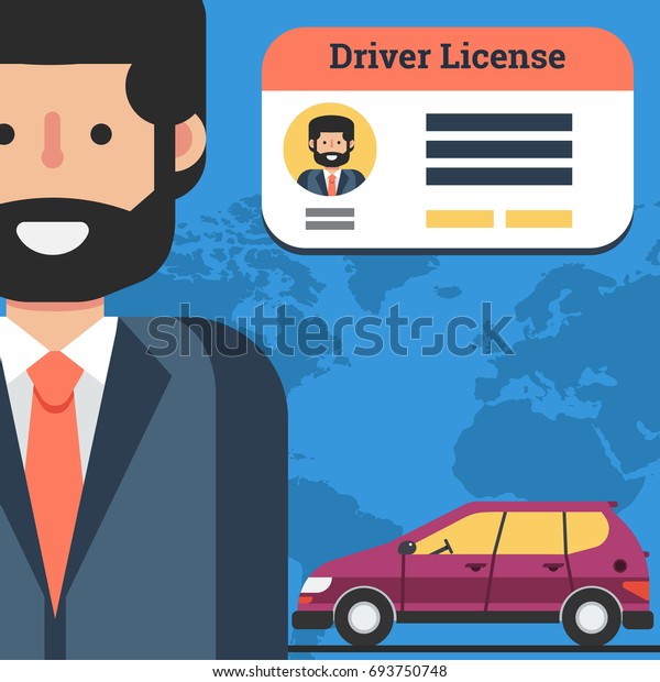 Vector\
square flat banner of businessman with car and driver license.\
Concept of successful training in drivers\
school